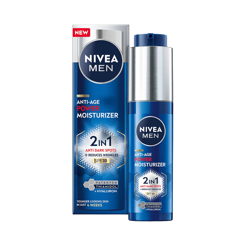 Nivea Men 2-i-1 anti-age kräm med SPF 30 mot rynkor och pigmentfläckar.